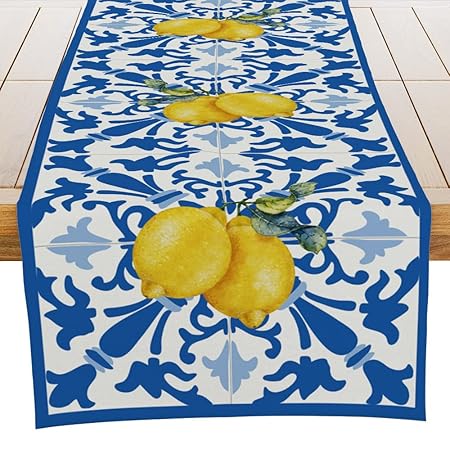 Italy Blue Tiles Runner Decorative, Italian Lemons Summer Table Runner Decorations for Dinning Room Kitchen Dresser Decor for Party Holiday, Housewarming Gifts for Women Couple New Home, 13X72 Inches