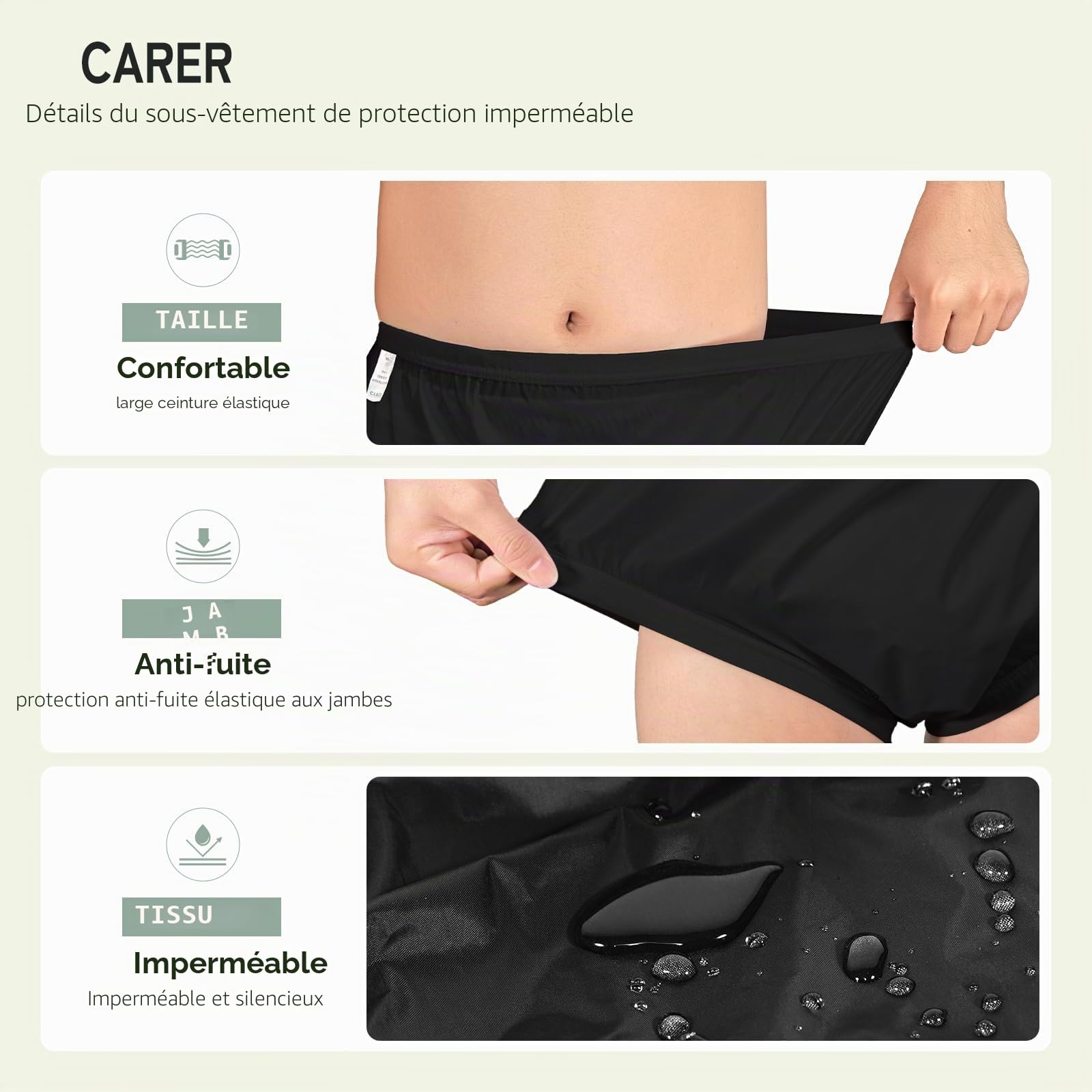 Carer 2 Pièces Couvre-Couches pour Adultes pour Incontinence Sous-Vêtements Imperméables Antifuites Lavables Réutilisables Unisexes Noirs Taille M