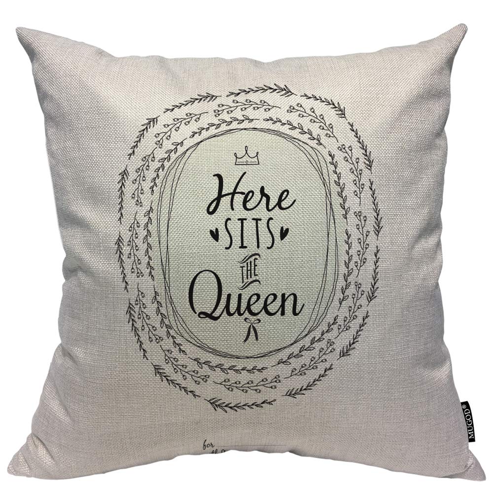 Mugod Here Sits The Queen Decorative Pillow Case Crown Heart Bowknot Flowers Wreaths Leafs Throw Pillow Cover Home Decor Cotton Linen Square Cushion Cover for Couch Bed Sofa 18X18 Inch