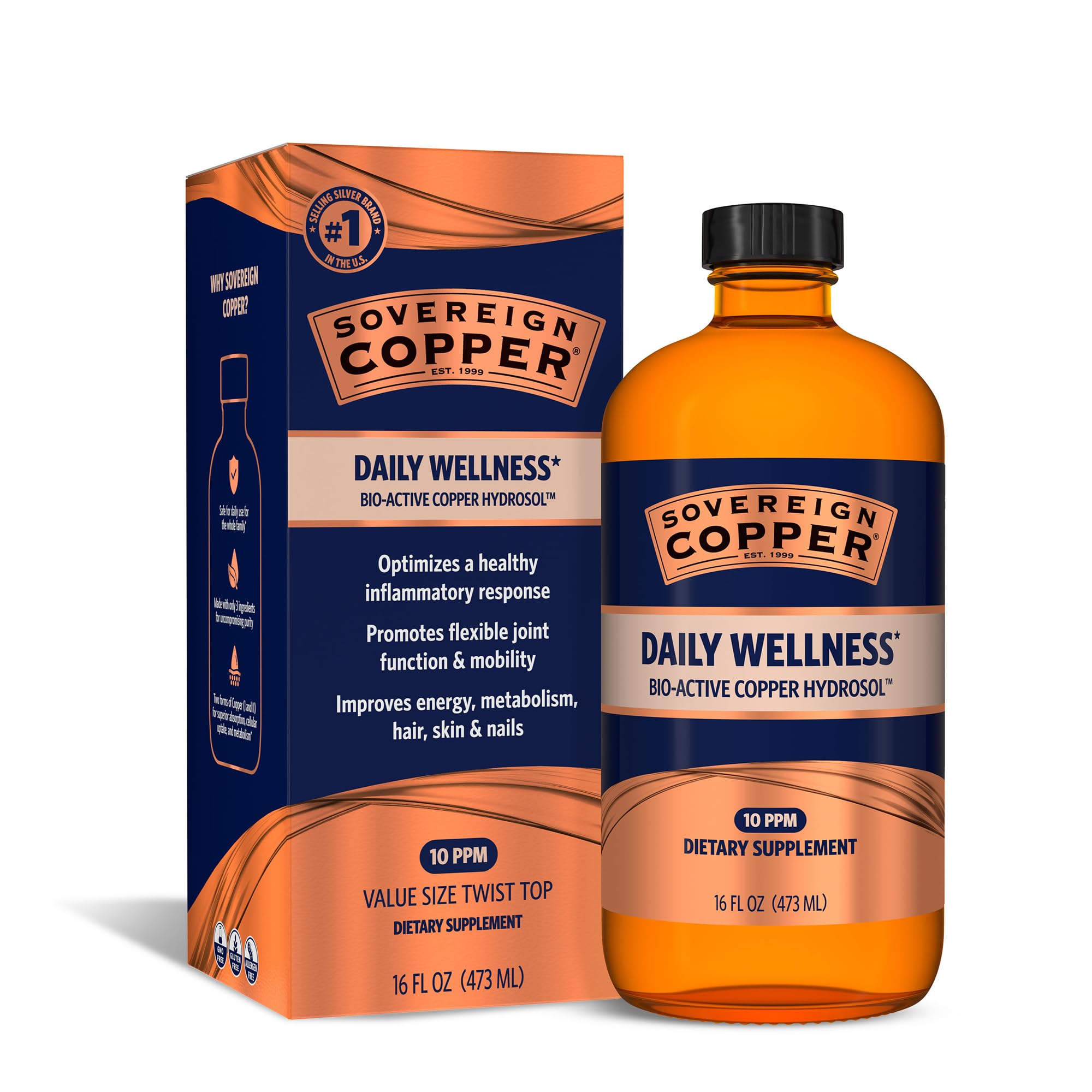 Sovereign Bio-Active Copper Hydrosol - Bioavailable Colloidal Copper Liquid Supplement for Adults and Kids with Silver Hydrosol for Immune Support, Hair, Skin, and Nails - 16 fl oz (473mL)