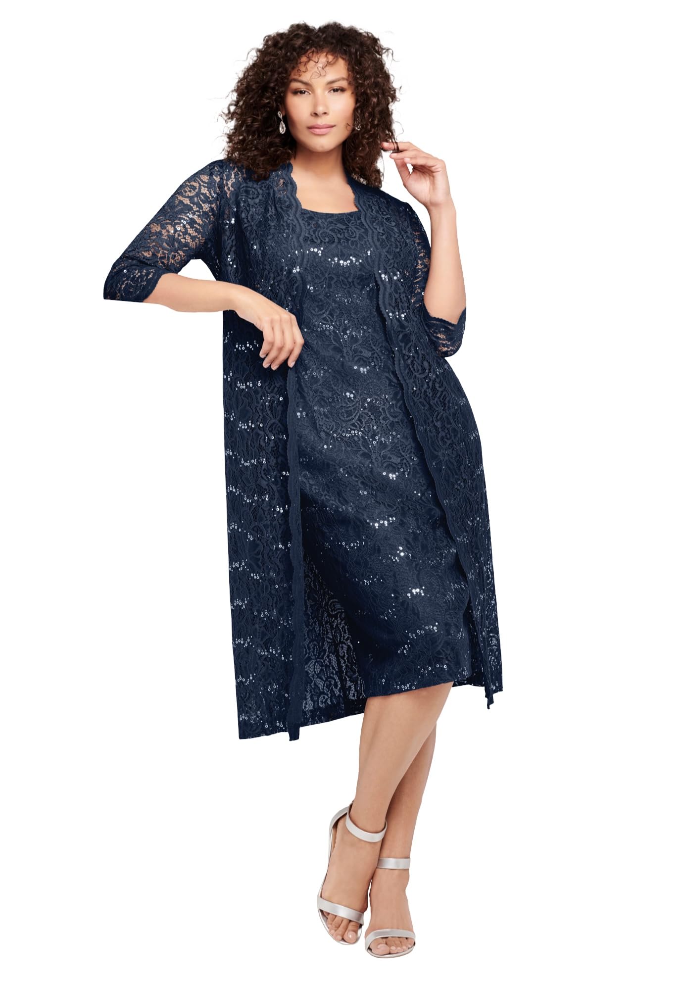 Roaman's Women's Plus Size 3/4 Sleeve Formal Duster Sequin – Embellished Lace Dress Set