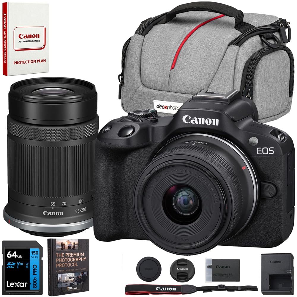 Canon EOS R50 Mirrorless Camera 2-Lens Kit (18-45mm + 55-210mm is STM) | Beach Camera USA Warranty | Authorized Dealer | 64GB Memory Card + Deco