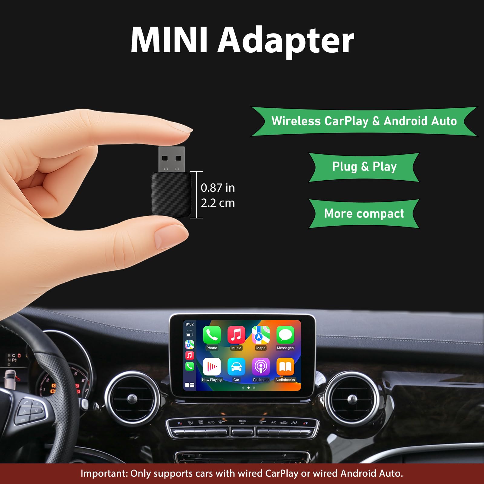 Mini adattatore wireless CarPlay, grigio argento – Adattatore wireless compatto per auto per Android Auto, connessione automatica rapida, aggiornamento CarPlay cablato a wireless 2026 (A28)