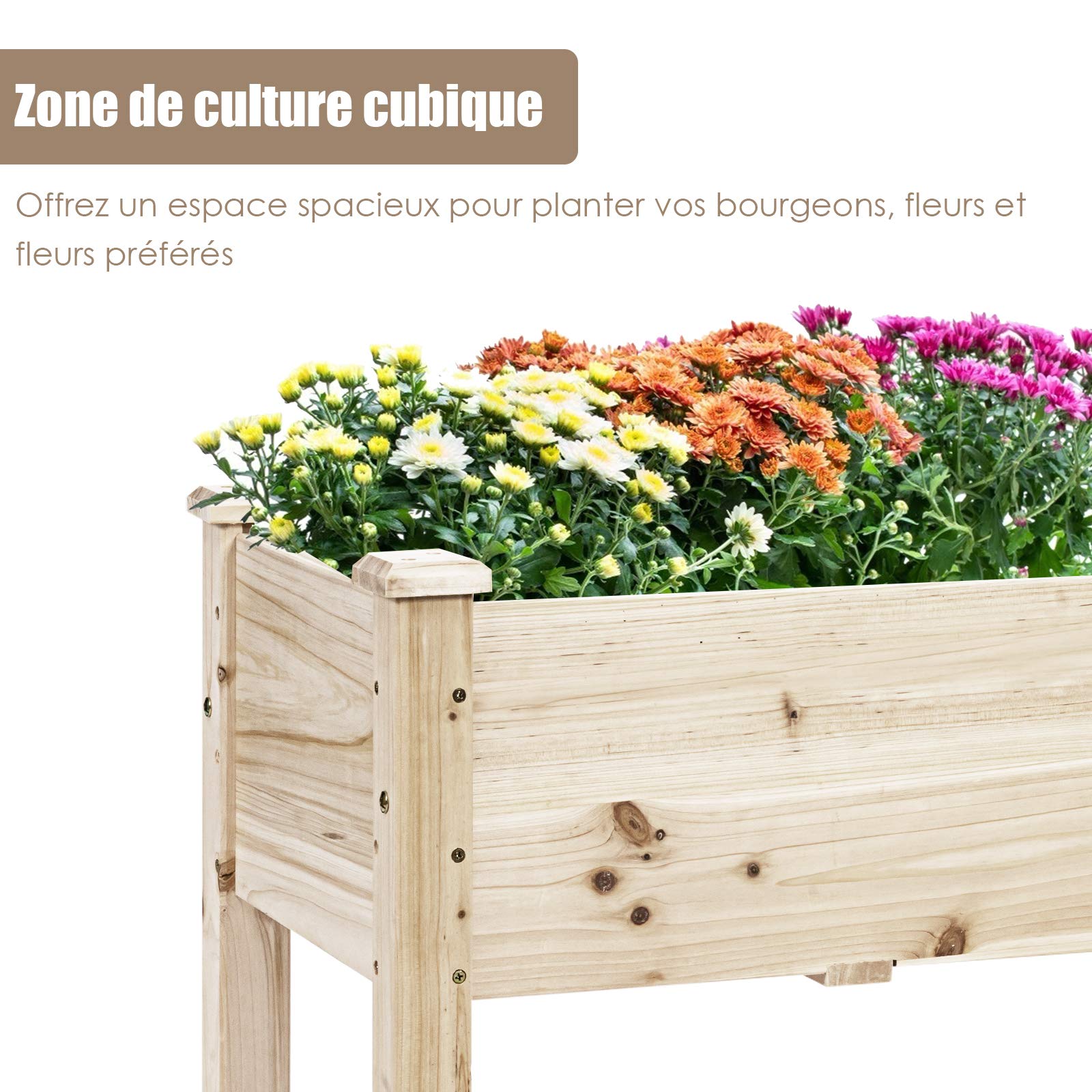 COSTWAY Jardinière Surélevée en Bois avec 5 Trous de Drainage (Naturel)
