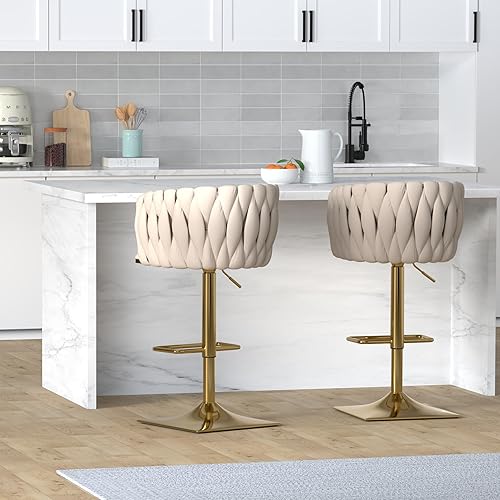 Miniatura 2 de Juego de 2 taburetes de bar giratorios de terciopelo, taburetes de bar ajustables y cómodos, silla de comedor moderna con respaldo tejido, taburetes