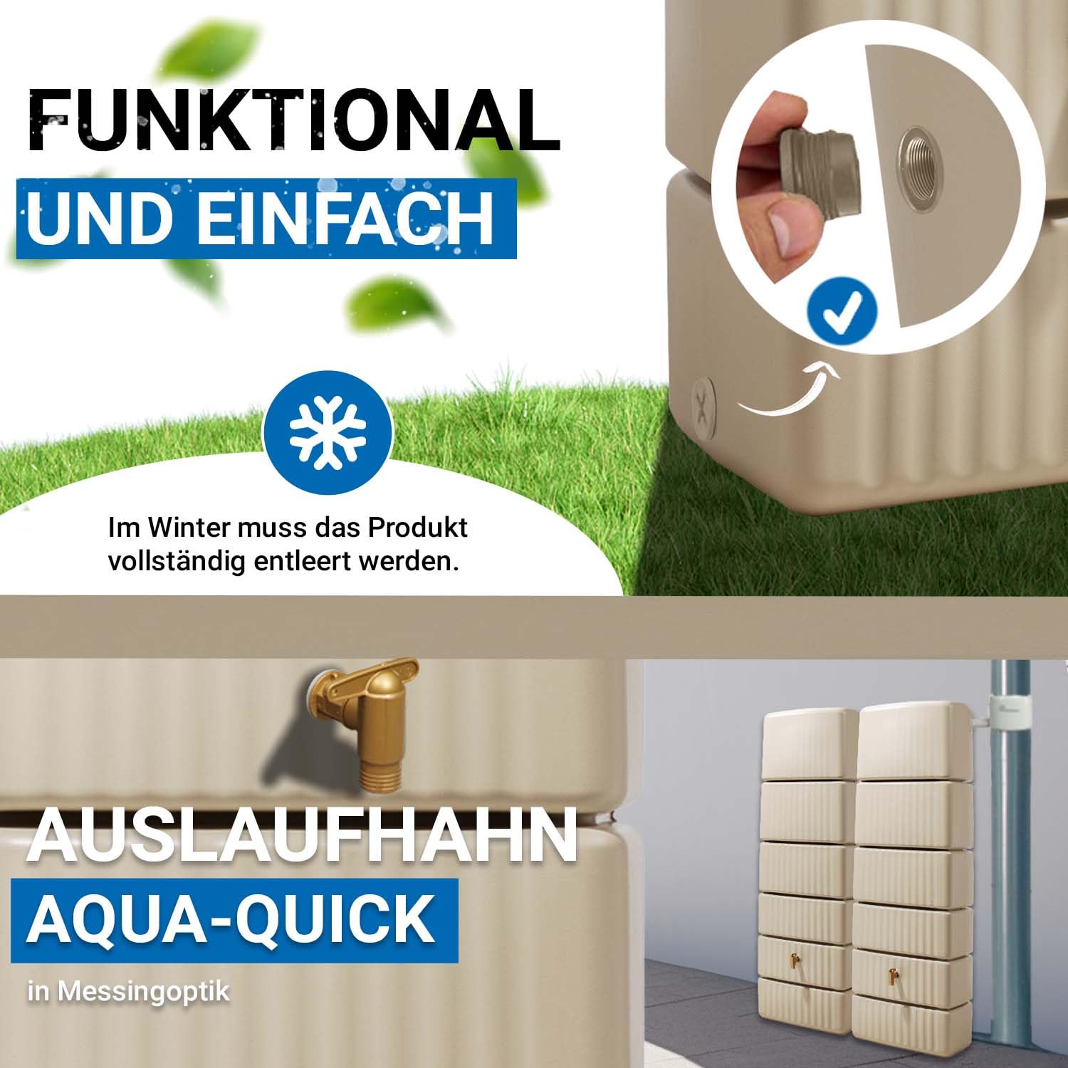4rain Slim Regentonne Set 660 L, sandbeige, 2X Slim 330 L, inkl. Verbinder | Wandtank, Wassertank, Regenfass, Regenwassertonne, Wasserbehälter, Fass, Regenwassertank, Wasserfass, Wassertonne