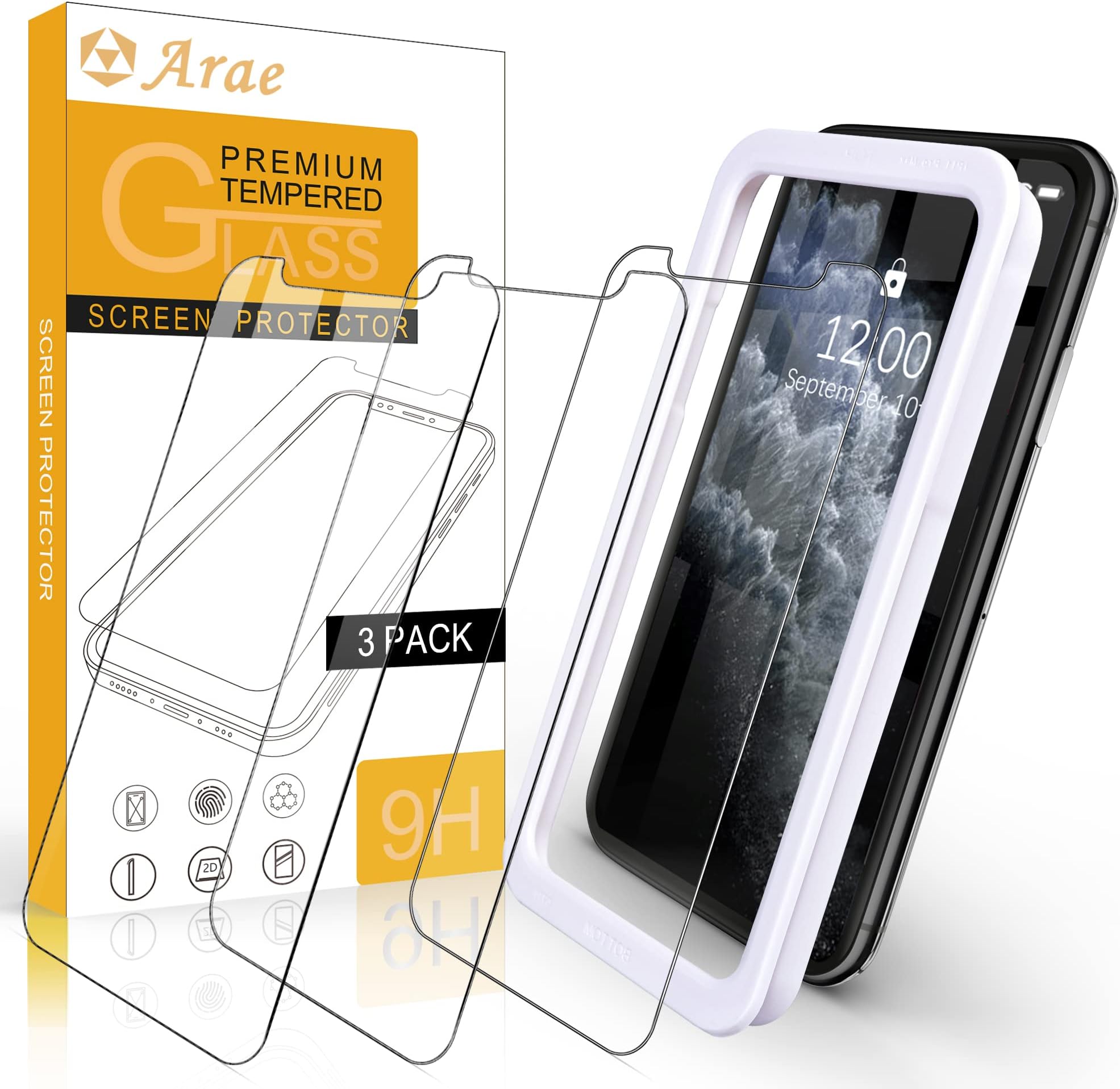 Arae Screen Protector for iPhone 11 Pro/Xs/X, HD Tempered Glass, Anti Scratch, Work with Most Cases, 5.8 inch, 3 Pack