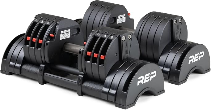 REP Fitness QuickDraw Adjustable Dumbbell Set, Pair, 30/40/50/60 lb Each, Steel Plates, Knurled Handle, Lock-N-Load Switch, Space-Saving Compact Free Weights, Strength Training, Home Gym, Men & Women