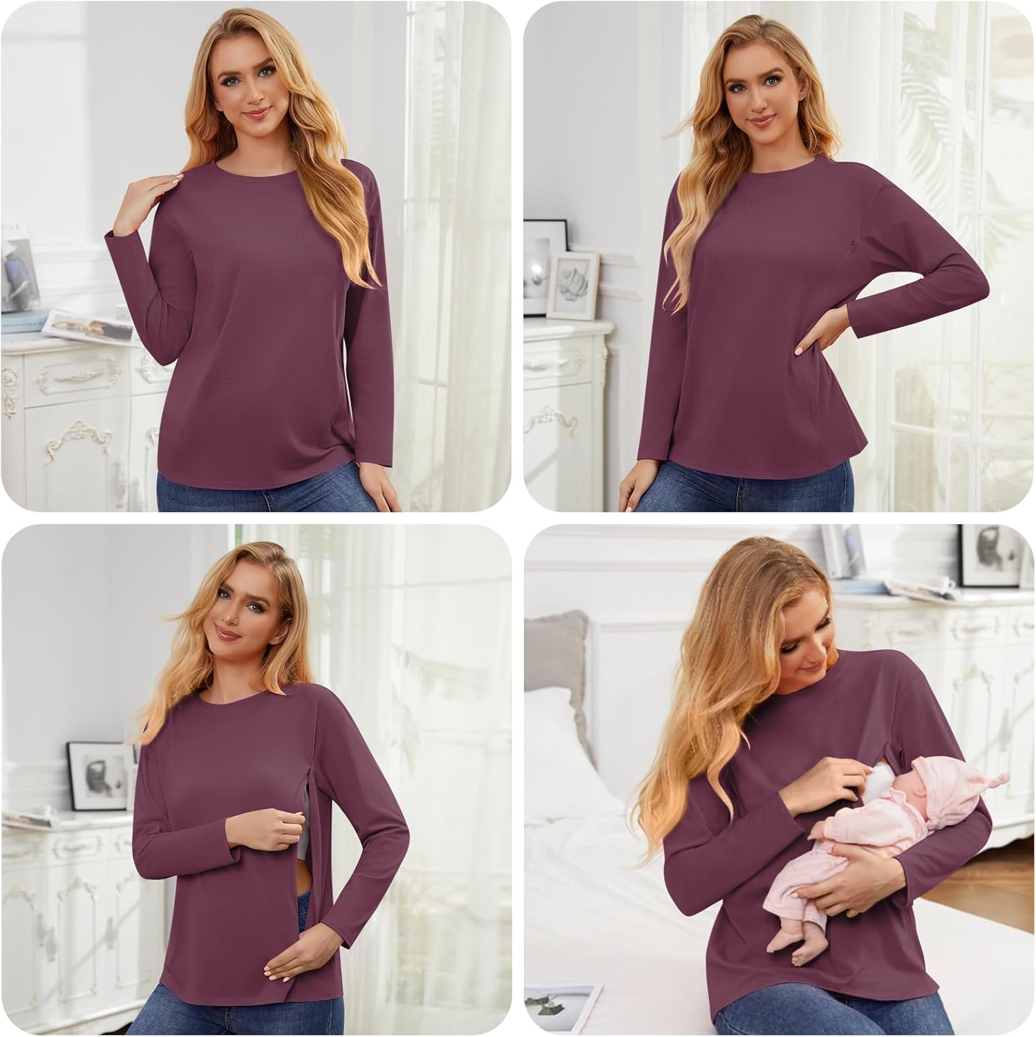 Women's 3 Pack Long Sleeve Nursing Tops for Breastfeeding with Hidden Zippers Soft Cotton Maternity Shirts - Image 5