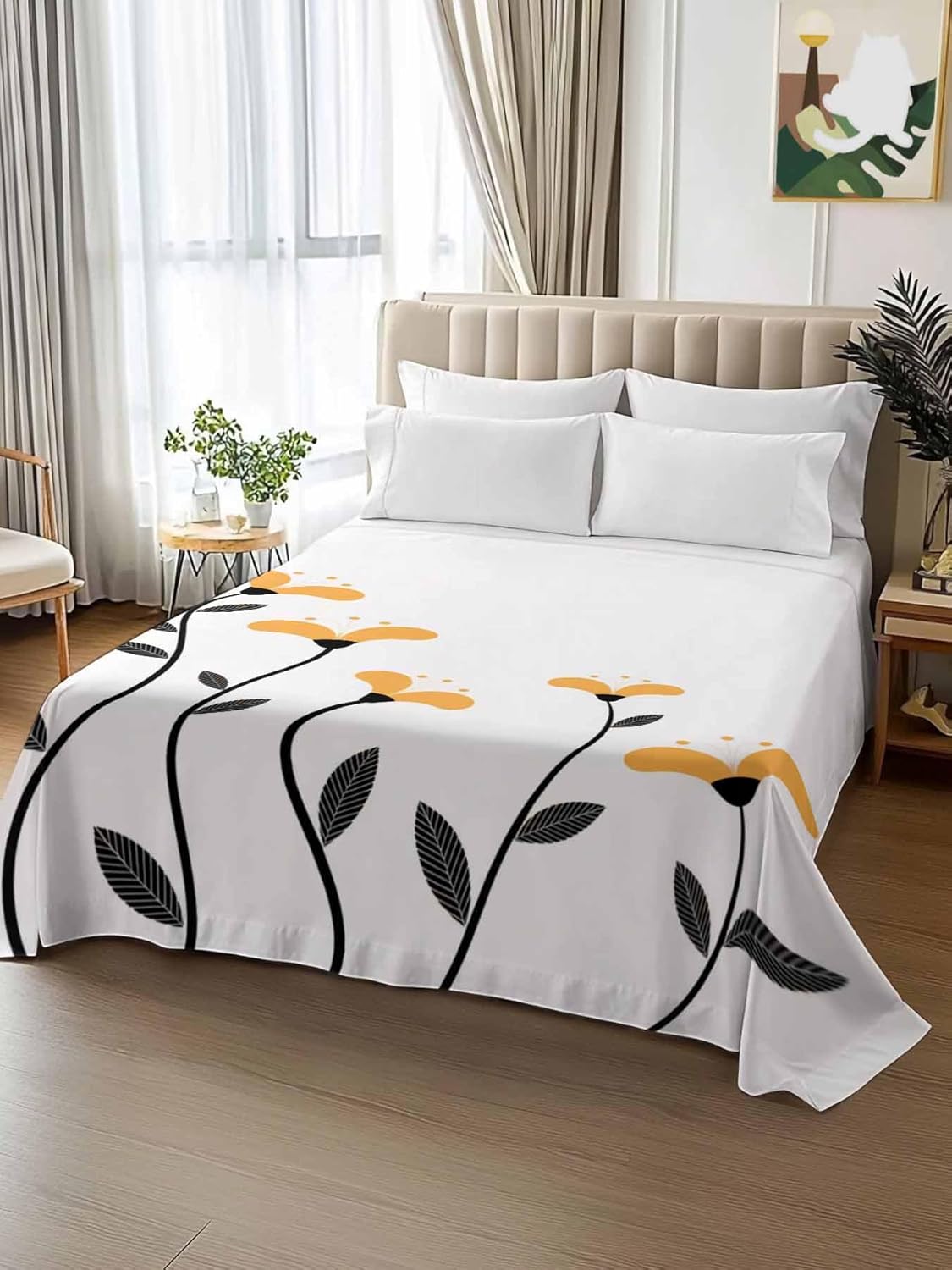 Full Size Flat Sheet Only,Rural Watercolor Orange Blooming Floral Soft Top Bed Sheets Breathable Bedding Sheet Black Line Branch Microfiber Hotel Luxury Top Sheets