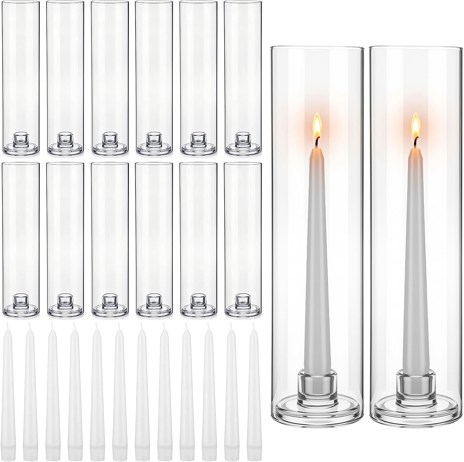 36 Pcs 12" Tall Hurricane Glass Candle Holders with Taper Candles