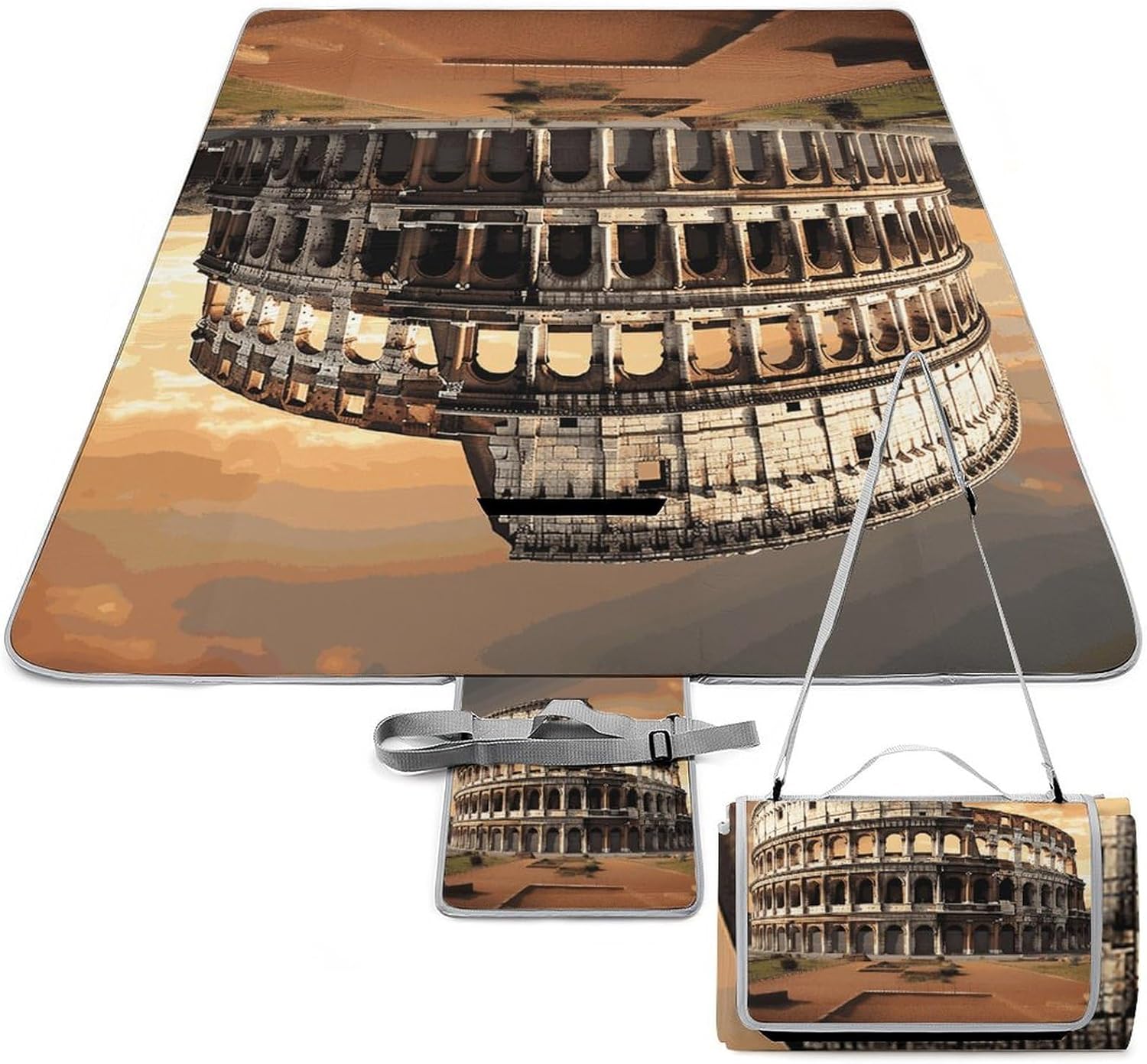 Ancient Colosseum Waterproof Picnic Blanket 58.3''x58.3'',Portable and Foldable Picnic Mat with Handle,Outdoor Blankets for Lawn Park Beach Travel