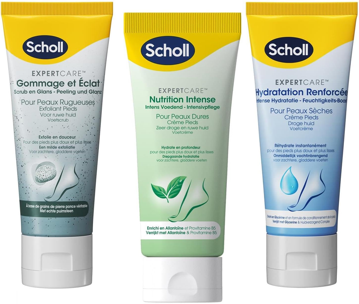 Scholl Foot creams, intense nutrition, 75 ml, scrub cream, 75 ml, moisturizing emollient cream, 75 ml
