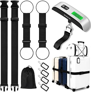 9-in-1 Luggage Straps for Suit Cases Luggage Weight Scale Travel Essentials | Avoid overweight fees with scale, prevent luggage bursting with cross straps, and join bags for smooth, easy airport transit.