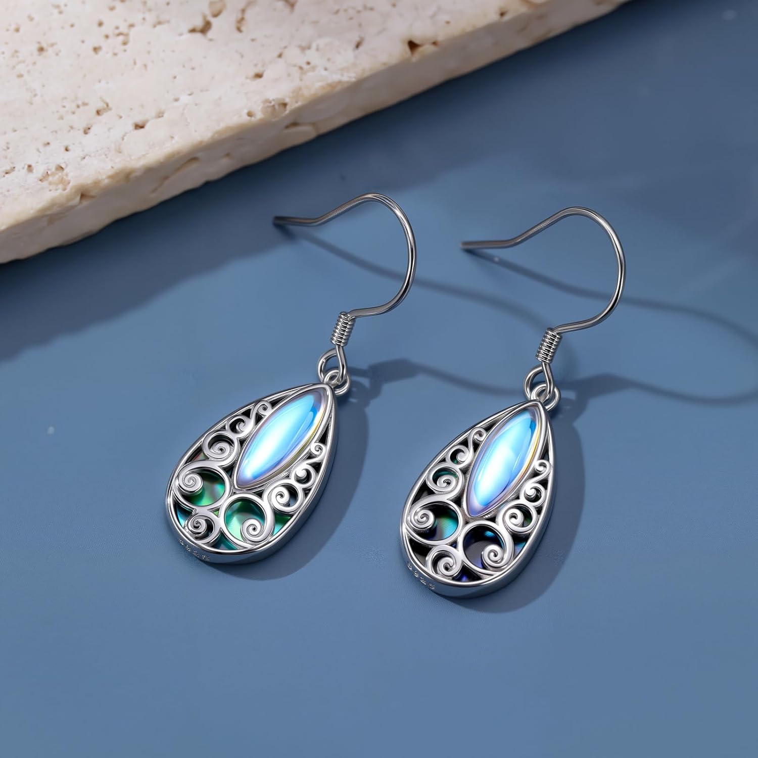 Filigree Earrings for Women S925 Sterling Silver Teardrop Abalone Shell Dangle Earrings Bohemian Filigree Earrings Jewelry Anniversary Birthday Gift - Image 2