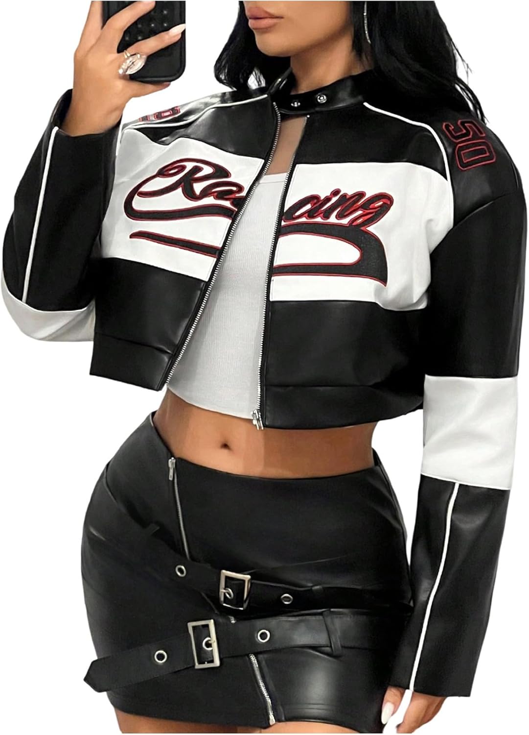 SOLY HUX Women's Faux Leather Zip Up Crop Jackets Graphic Long Sleeve Shirts Motorcycle Outerwear