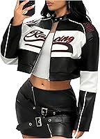 SOLY HUX Women's Faux Leather Zip-Up Crop Jacket Graphic Long Sleeve Shirt Motorcycle Outerwear