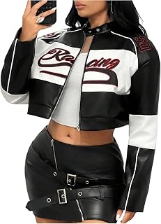 SOLY HUX Women's Faux Leather Zip-Up Crop Jacket Graphic Long Sleeve Shirt Motorcycle Outerwear