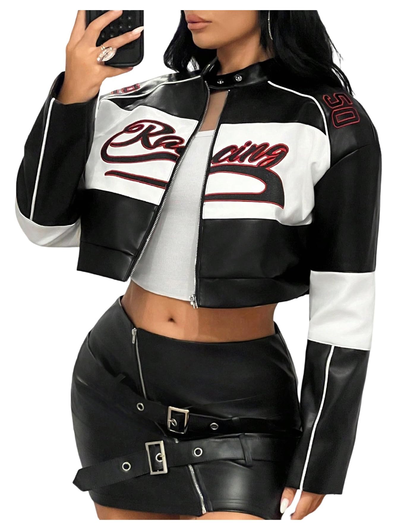 SOLY HUX Women's Faux Leather Zip Up Crop Jackets Graphic Long Sleeve Shirts Motorcycle Outerwear