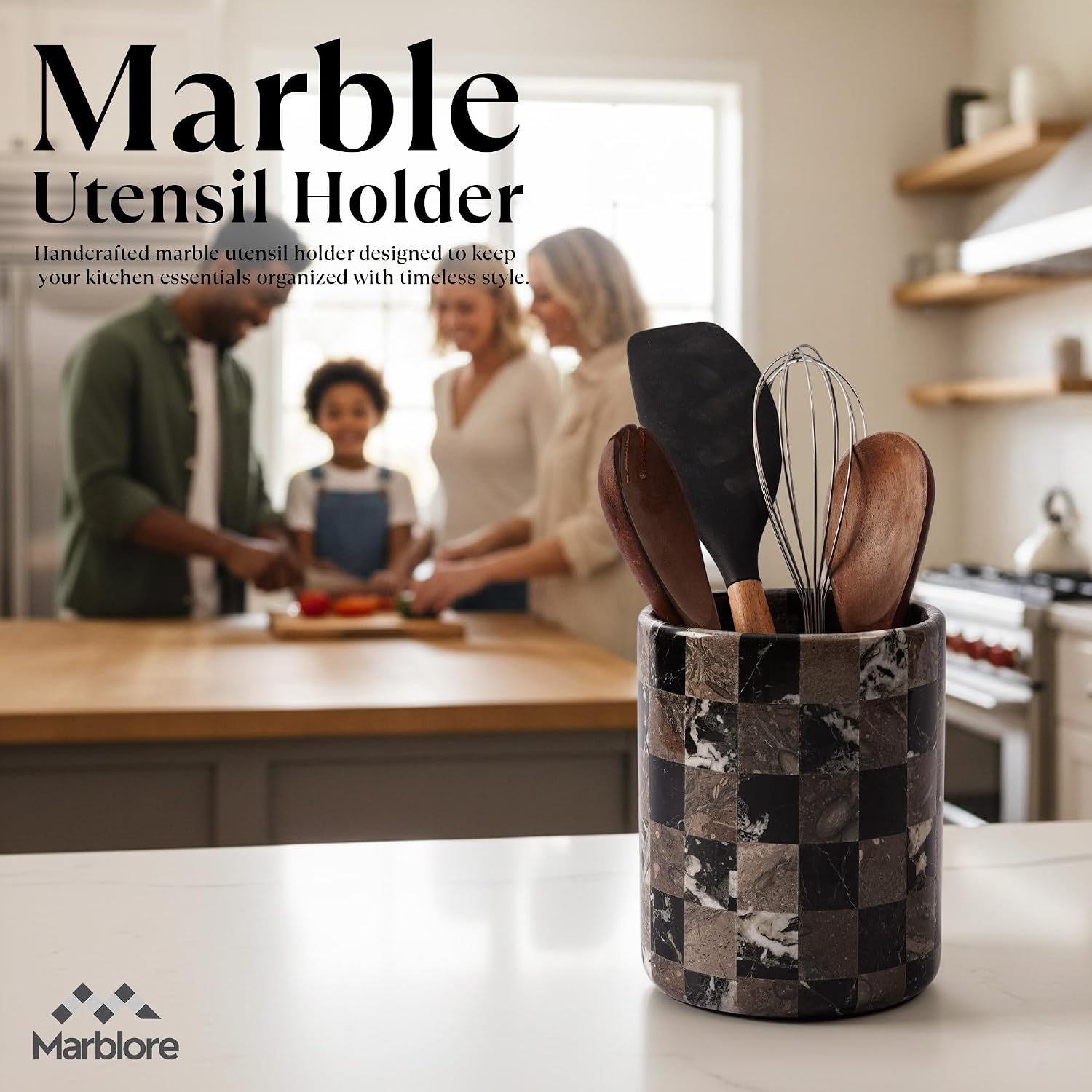 Marble Utensil Holder 6.5'' Black & Oceanic