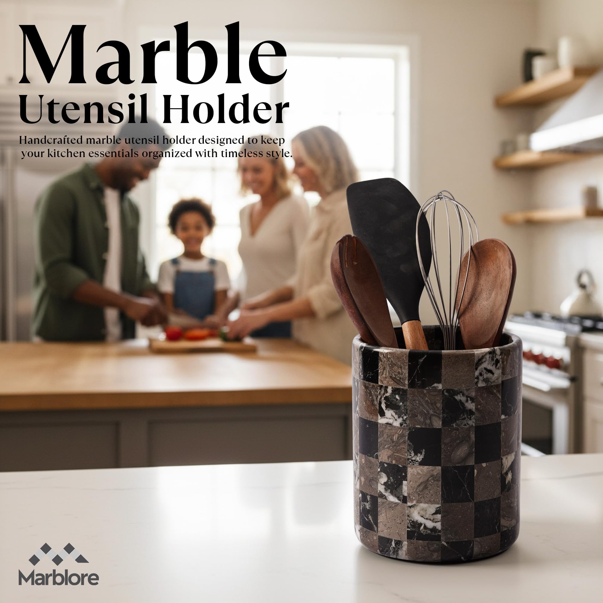Utensilienhalter aus Marmor, 16,5 cm, Schwarz und Ozeanisch