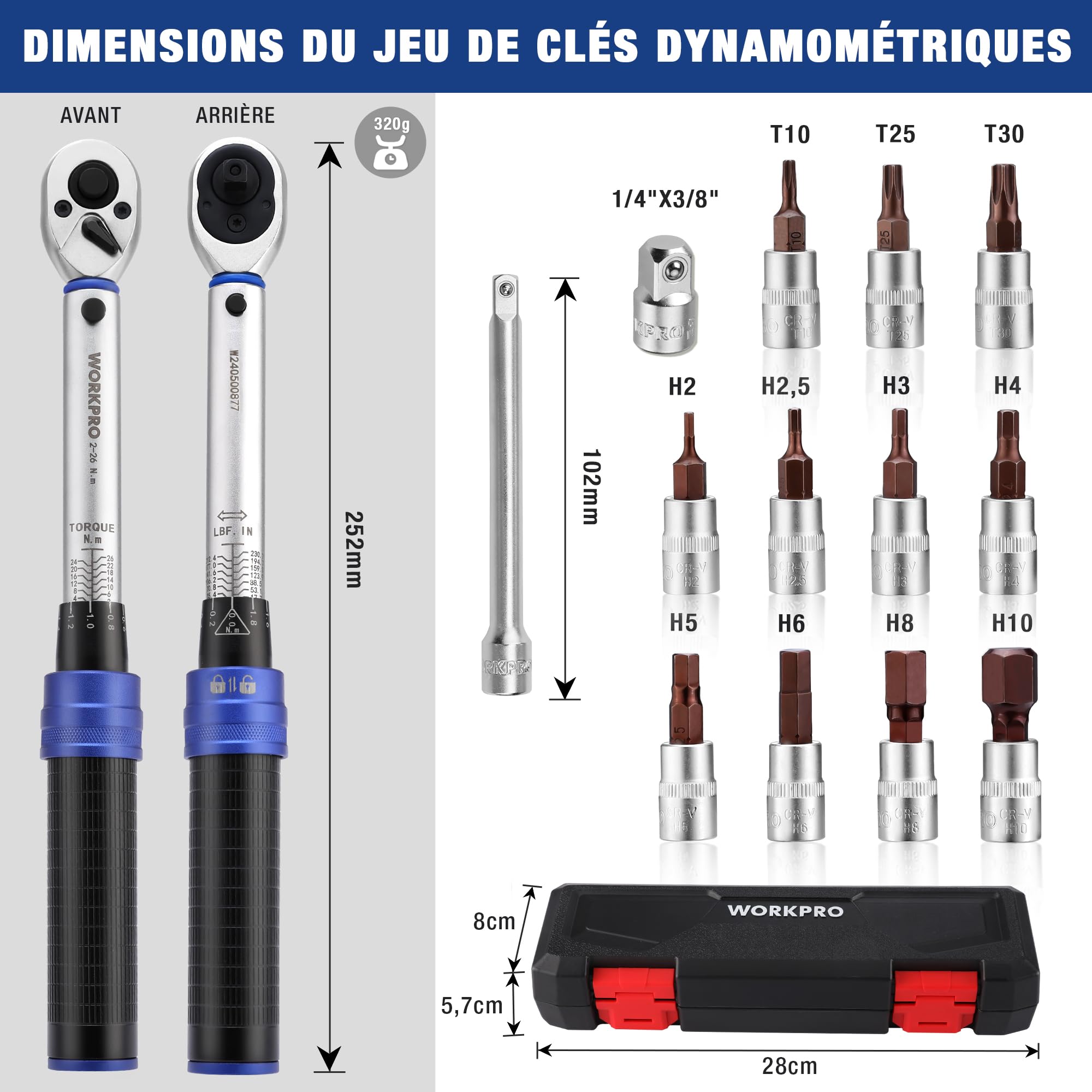 WORKPRO Clé Dynamométrique 1/4’’, Clef Dynamométrique Vélo | Cliquet 72 Dents Réversible, Extension, Adaptateur 1/4"-3/8", 11 Douilles Torx et Hexagonales pour Vélo