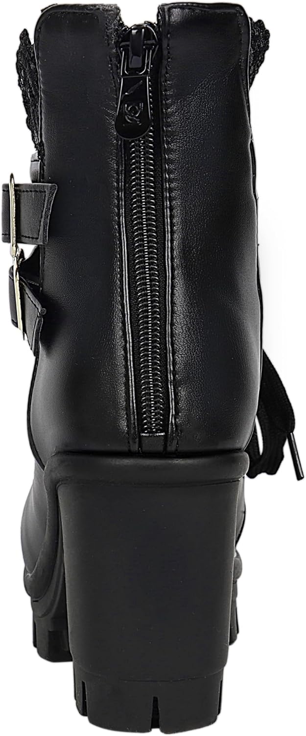BEAUPAS Women's Chunky Platform High Heel Boots Lace Up Gothic Ankle Booties Block Heel Buckle Punk Shoes(Black/1,5.5)
