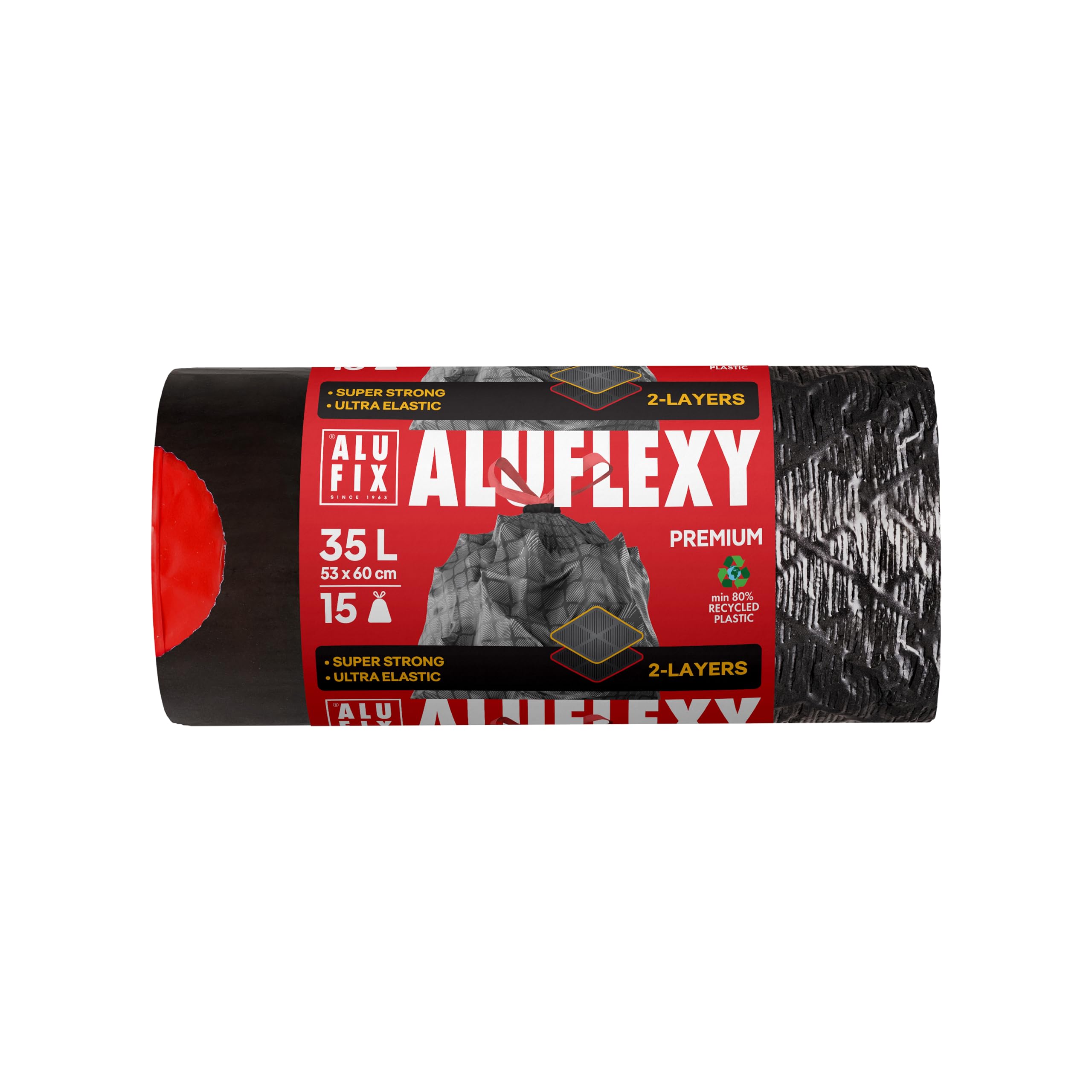 Bolsas de basura ALUFIX PRO con cordón/Extra FLEXY LDPE 2 capas/ 35l - 15 bolsas de basura - 1 rollo/ 28 μm/Acero negro/ 53 × 60cm/ Resistentes a desgarros y perforaciones/Innovadoras y elegantes