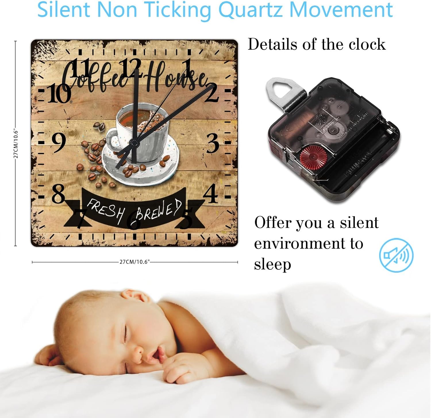 Clock Wood Coffee House Modern Clock Quartz Analog Quiet Arabic Numbers Latte Coffee Square Clock for Kids Room and Kitchen 10 Inch
