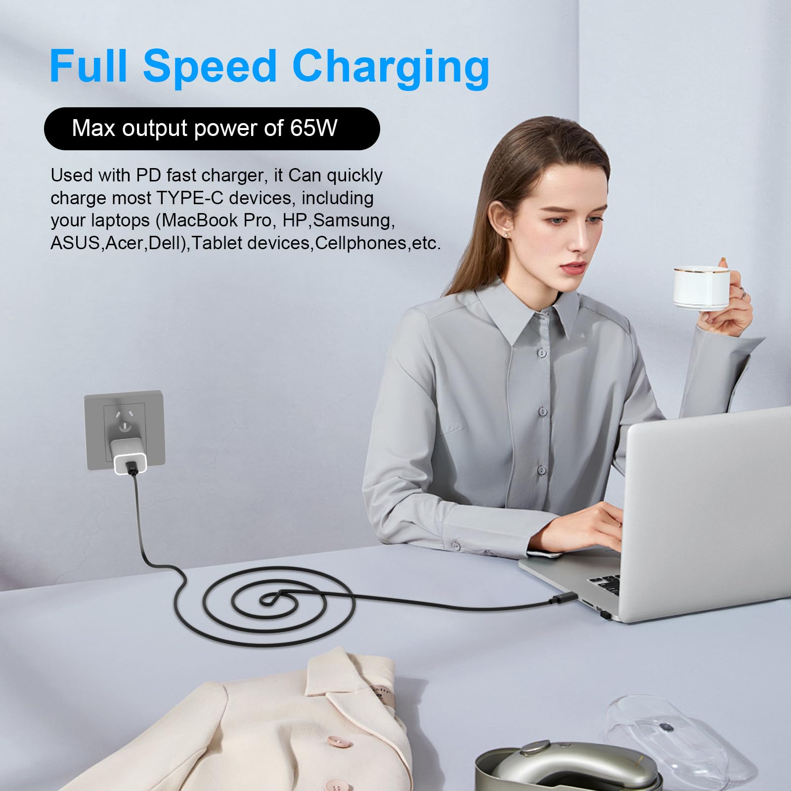 Cable de carga USB C a USB C de 65 W tipo C, cable de carga para laptop HP Spectre Envy/DELL/Chromebook/Thinkpad Yoga/Asus/Acer, para Samsung/MacBook Pro Mini portátil, cable de alimentación de