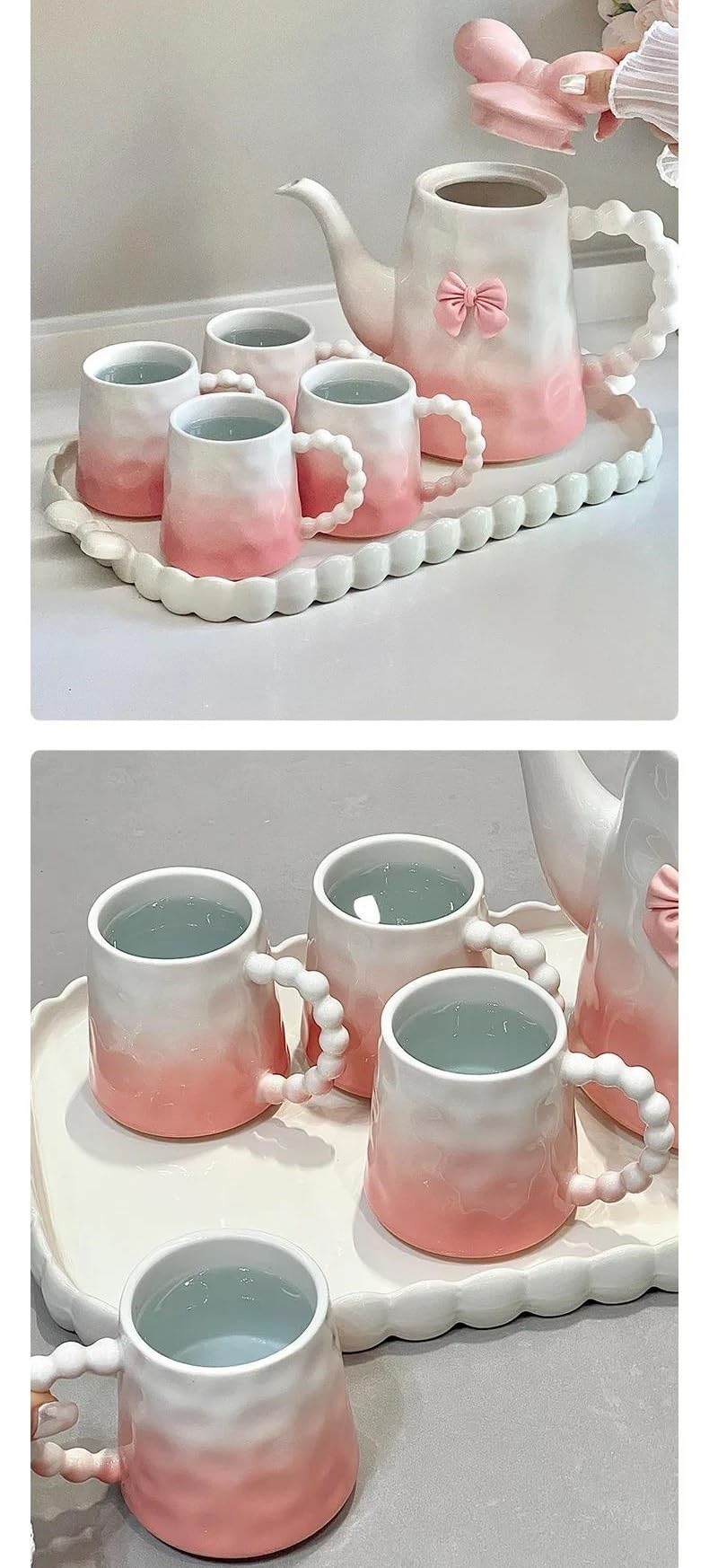 Set Da Tè Per Adulti Casa Bollitore Tazze Di Caffè In Ceramica Latte Mug Teiera Bow Cute Girly Pomeriggio Tazza Tè Set Rosa Gradiente In Tea Set Da Tè Portatili(B)