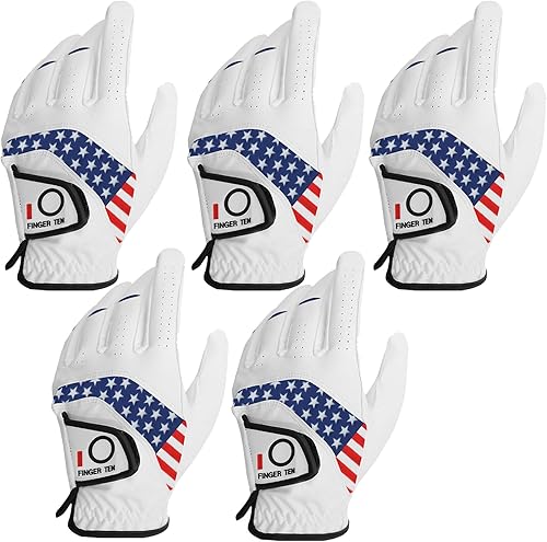 FINGER TEN Guantes de golf para hombre para mano izquierda y derecha, paquete de 5, guantes de golf para diestros y zurdos, agarre para todo tipo de