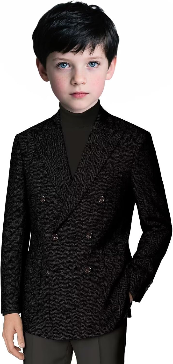 Boys Retro Tweed Suits Blazer Kids Double Breasted Slim Fit Formal Herringbone Sport Coat Tuxedo Jacket for Prom