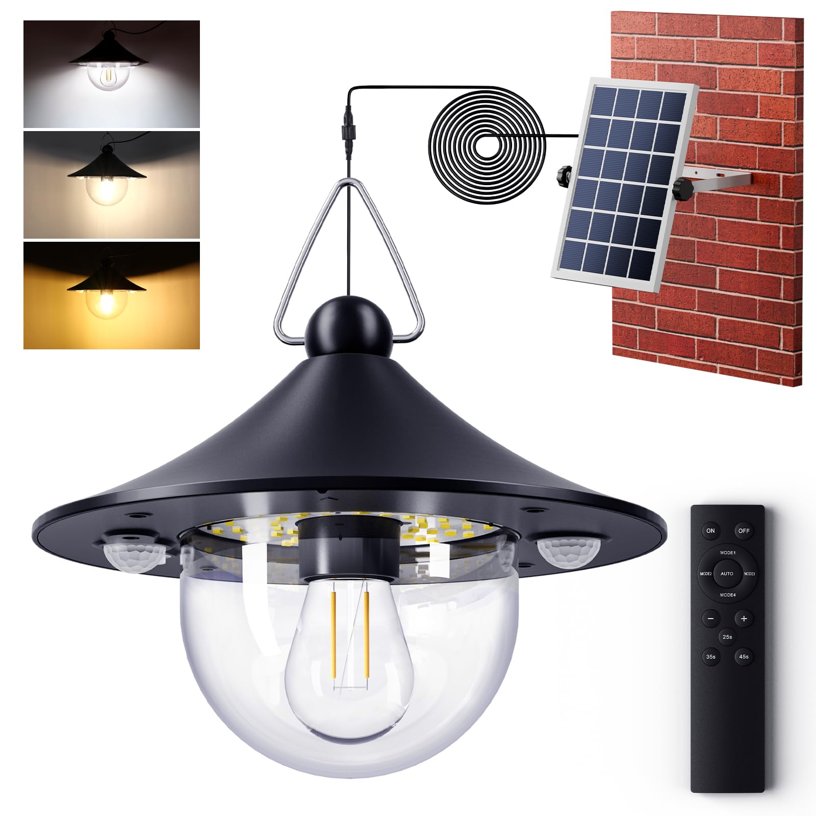 Quntis Lampada Solare da Esterno con Telecomando, 80 LED & Lampadina E27, Lampadario Sospesi con 2 Sensore di Movimento, 5 Modalità, 2700K-6500K, Impermeabile IP65 Luci per Gazebo Balcone Giardino