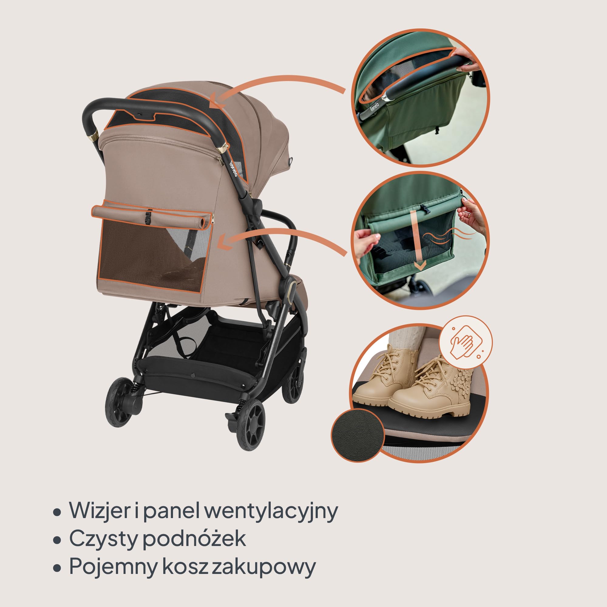 LIONELO Spacerowy Wózek Dziecięcy Bess do 22 kg od 6 m do 4 lat Obrotowe Koła PU 360° Składany Jedną Ręką, Regulacja Oparcia, Wodoodporny Daszek Lekki 7,5 kg, Kosz Zakupowy