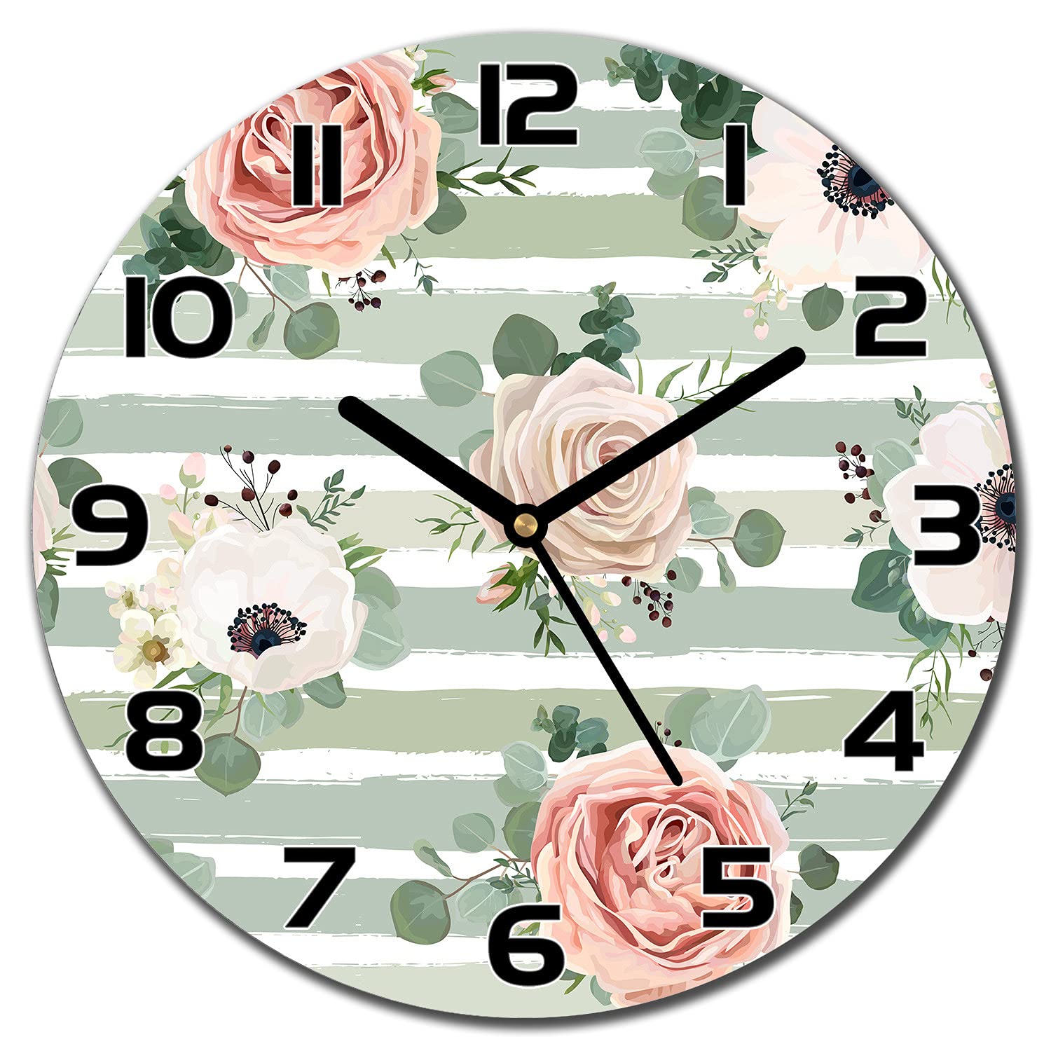 Horloge de cuisine moderne en verre 30cm pour salon fleuri