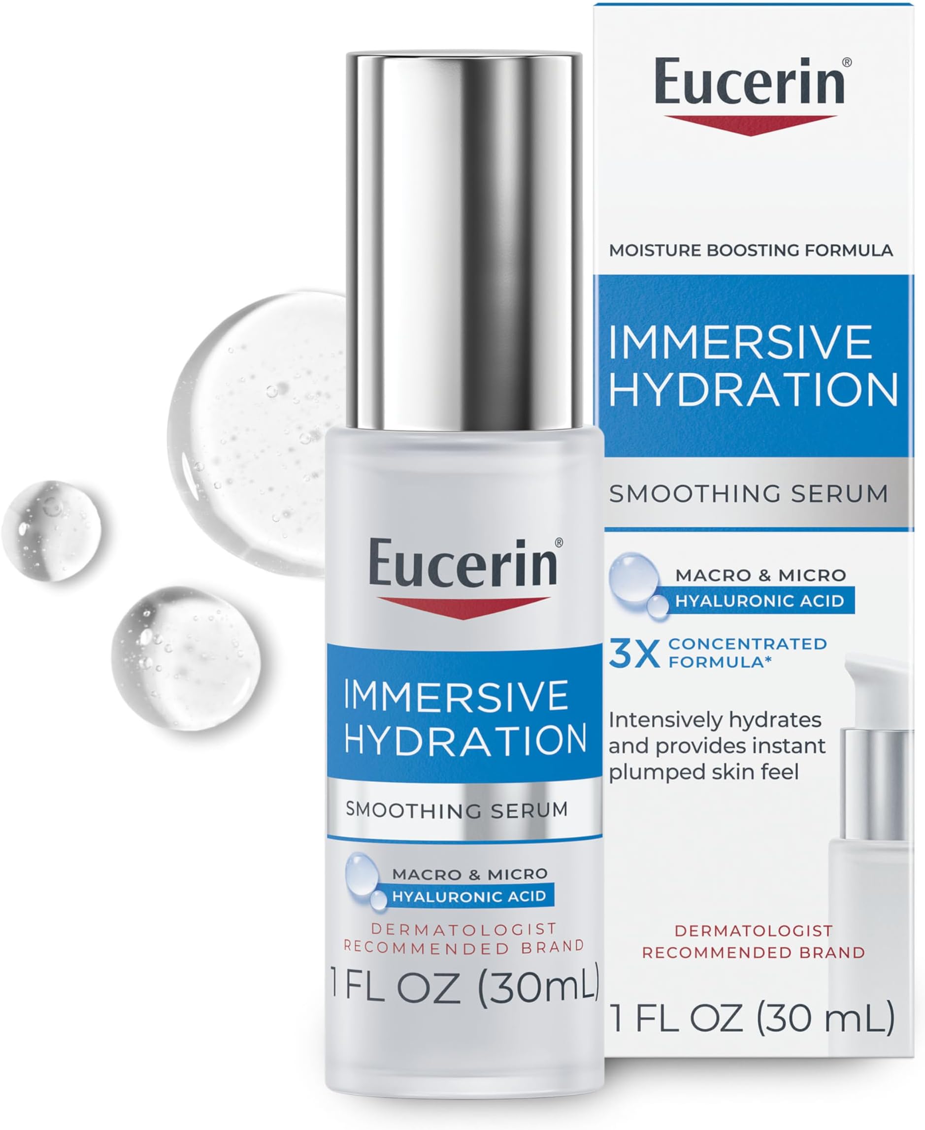 Eucerin Immersive Hydration Smoothing Face Serum, Ultra-Lightweight Hyaluronic Acid Serum Reduces the Look of Fine Lines and Wrinkles, 1 Fl Oz Bottle