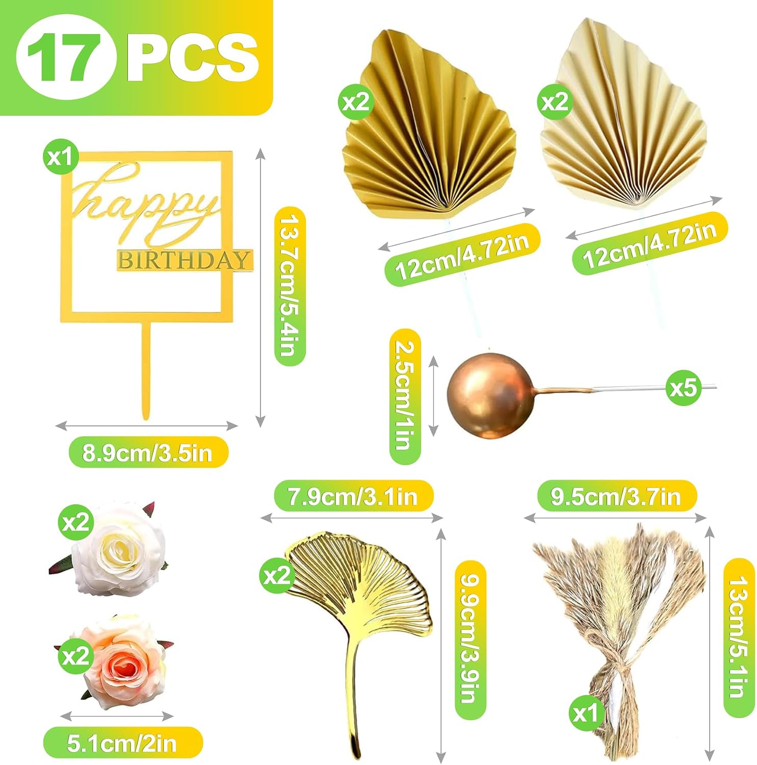 17 pcs Boho Cake Decoration Set with Champagne Rose Gold Balls and Palm Leaves Bohemian Style Cake Topper Decor for Birthday Party Wedding Dessert Table White Gold Theme image 2