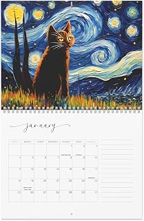 2026 Cat Art Wall Calendar, Night Sky with Full Moon and New Moon Dates