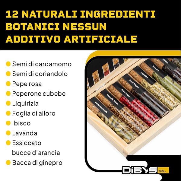 DIBYS Mini Kit Gin Botanico | Set Fai-Da-Te con 12 Spezie Naturali per Gin Tonic e Cocktail | Kit di Infusione con Carte Ricetta e Scatola in Legno | Set Regalo per Uomini e Donne | Set per Fare Gin - 3