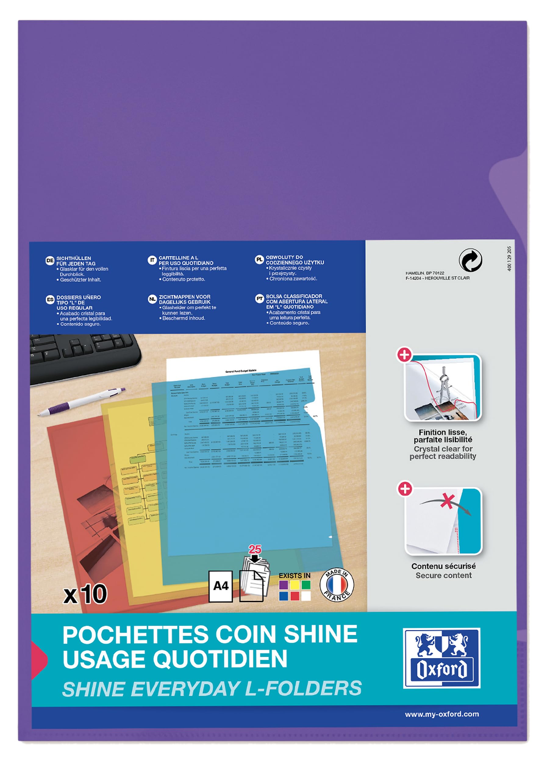 OXFORD Pack of 10 A4 Smooth Polypropylene Coin Pouches 12/100 Thickness Purple