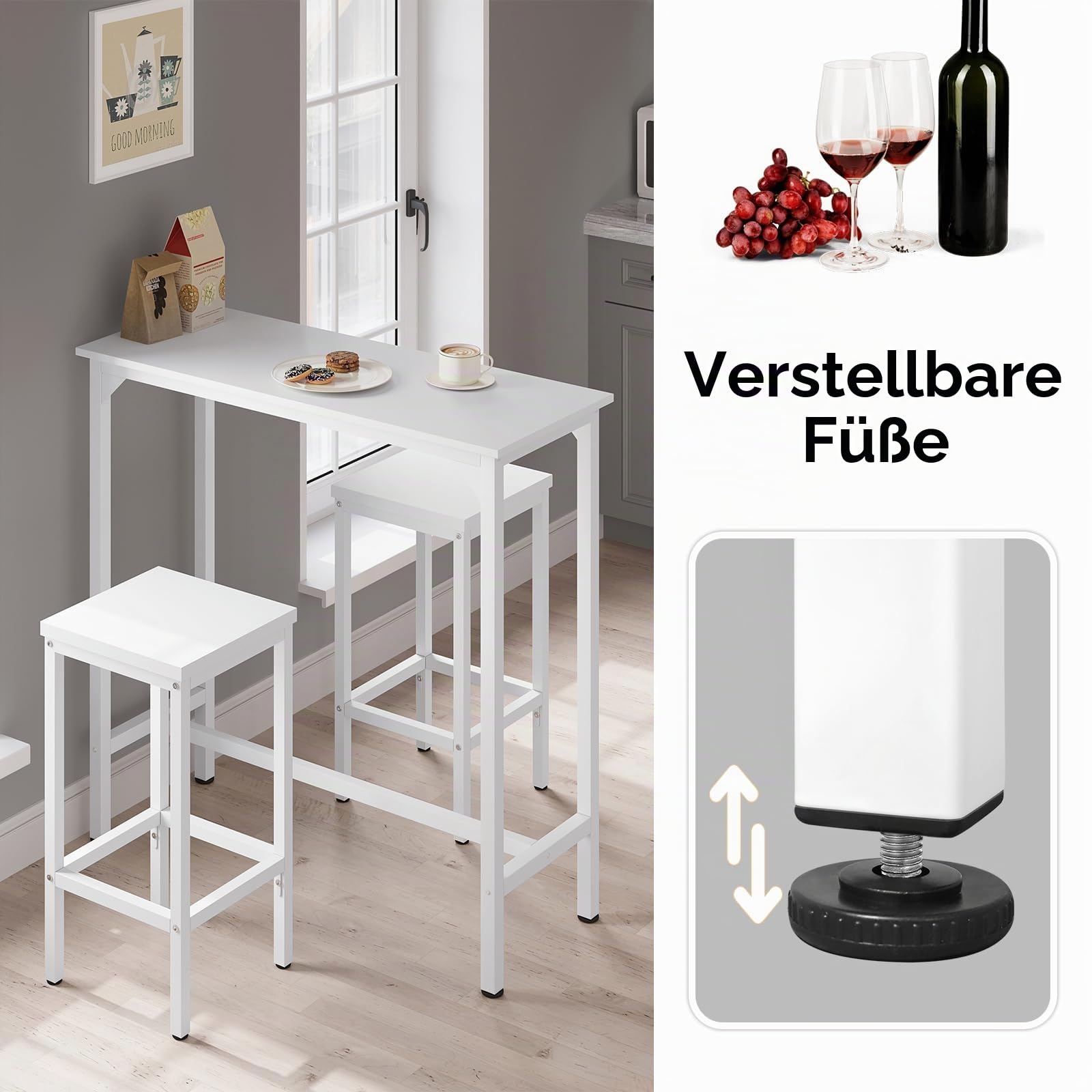 EUGAD Bartisch weiß, Stehtisch, Küchentisch, Hochtisch schmal | Konsolentisch, Flurtisch, Beistelltisch hoch, für Bar Bistro Kücheninsel, aus Holzwerkstoff Metall, 100x100x40cm