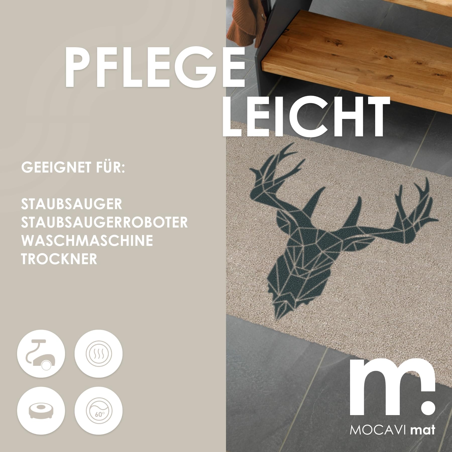 MOCAVI Mat Fußmatte Hirsch waschbar außen & innen beige 45x70cm Sauberlaufmatte Fußabtreter Motiv Country modern hochwertig