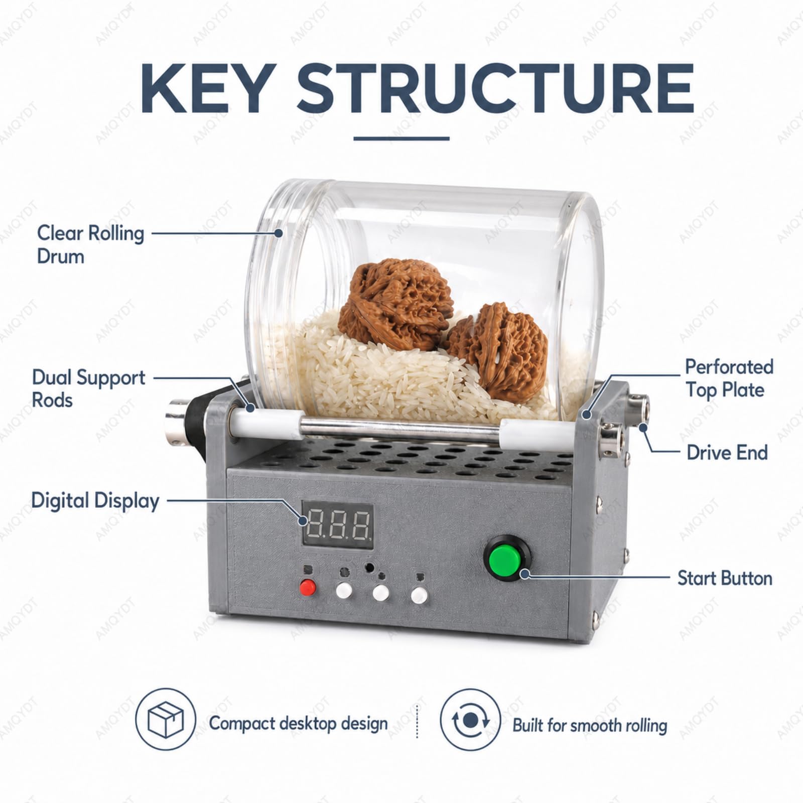 Mini polisseuse à tambour de table, polisseuse rotative électrique avec vitesse réglable de 0 à 60 tr/min, minuterie intégrée et tambour scellé en PET pour abrasifs à sec, Walnut Crafts