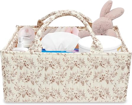 Floral Diaper Caddy Organizer, Portable Baby Storage Basket with Handle, Large Nursery Storage Bin and Car Organizer for Wipes, Gift for Baby Shower, Newborn Essentials, Baby Registry Must Have