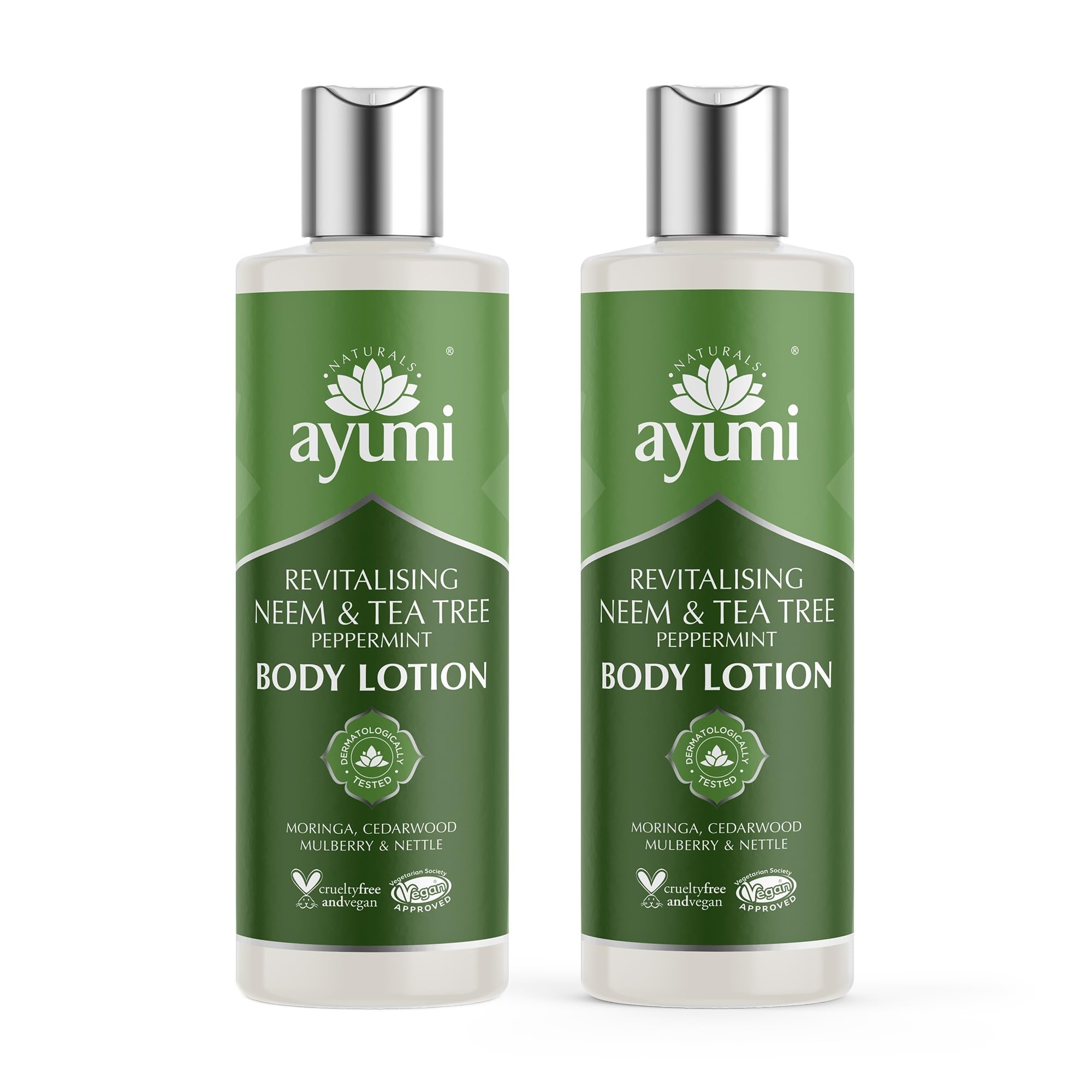 Ayumi Neem & Tea Tree Body Lotion | Oil Control Moisturiser for Oily Skin | Acne Cream with Witch Hazel | Nettle Leaf Hand Cream to Soothe Irritation | Body Moisturiser for Men & Women | 2 x 250ml