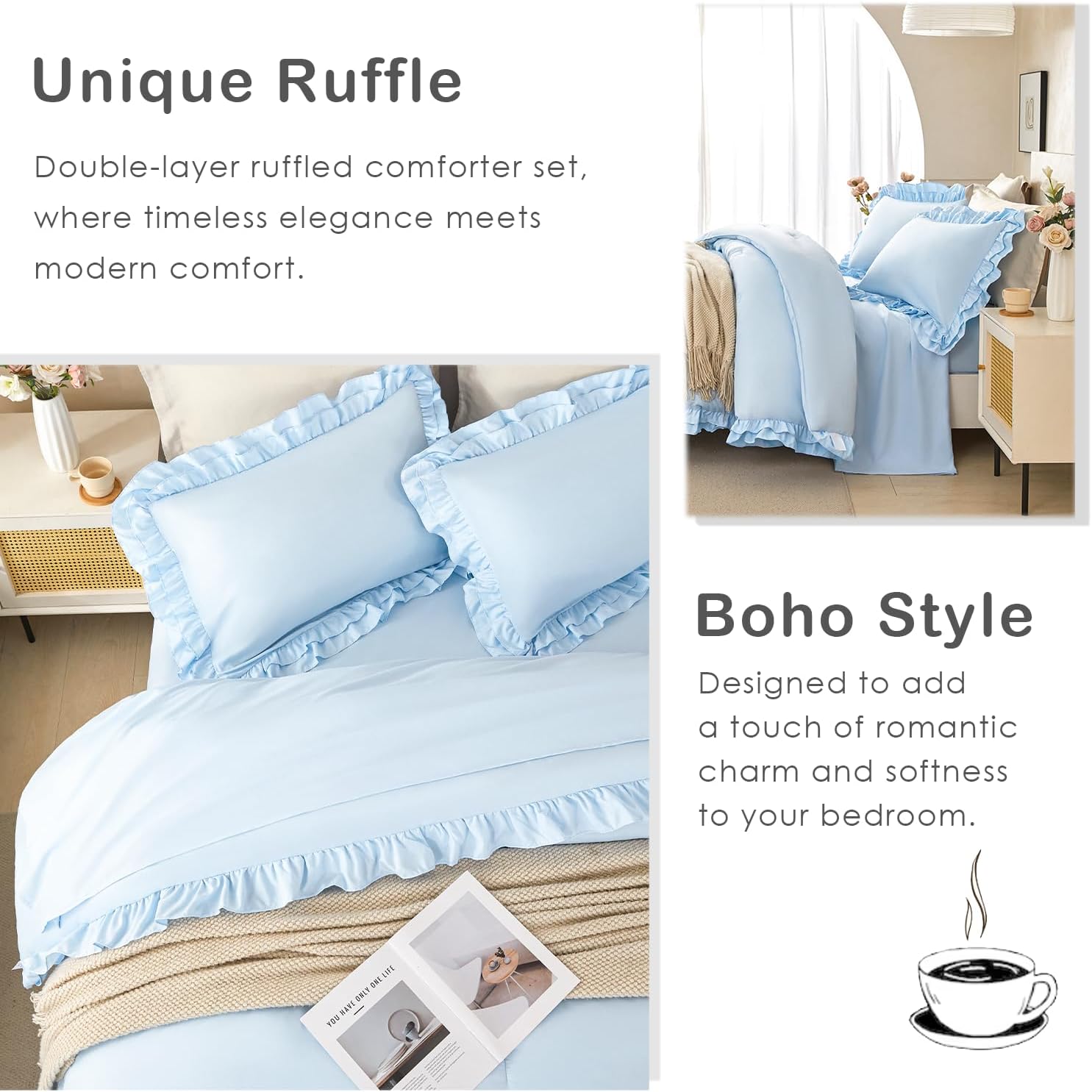 PERFEMET Full Ruffle Comforter Light Blue, 5 Pieces Double Layer Ruffled Comforter Set Shabby Chic Bedding, Fluffy All-Season Bed in A Bag for Women Wife (Blue, Full)