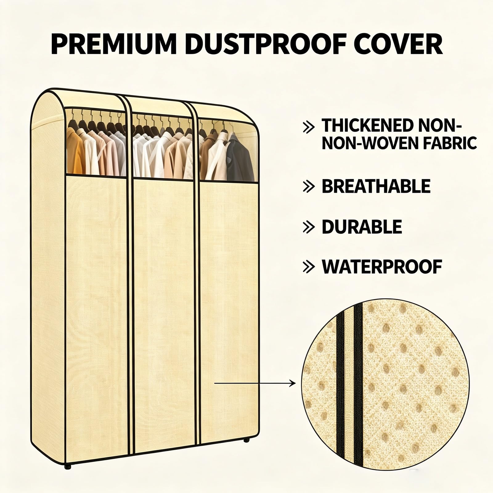 Funda Abrigos Armario de Tela no Tejida Gruesa, Funda para Colgar Ropa | Funda para Armario Abierto, Gran Capacidad, con Cremallera Bidireccional, Material Resistente Polvo(63x20x59in/160x52x150cm)
