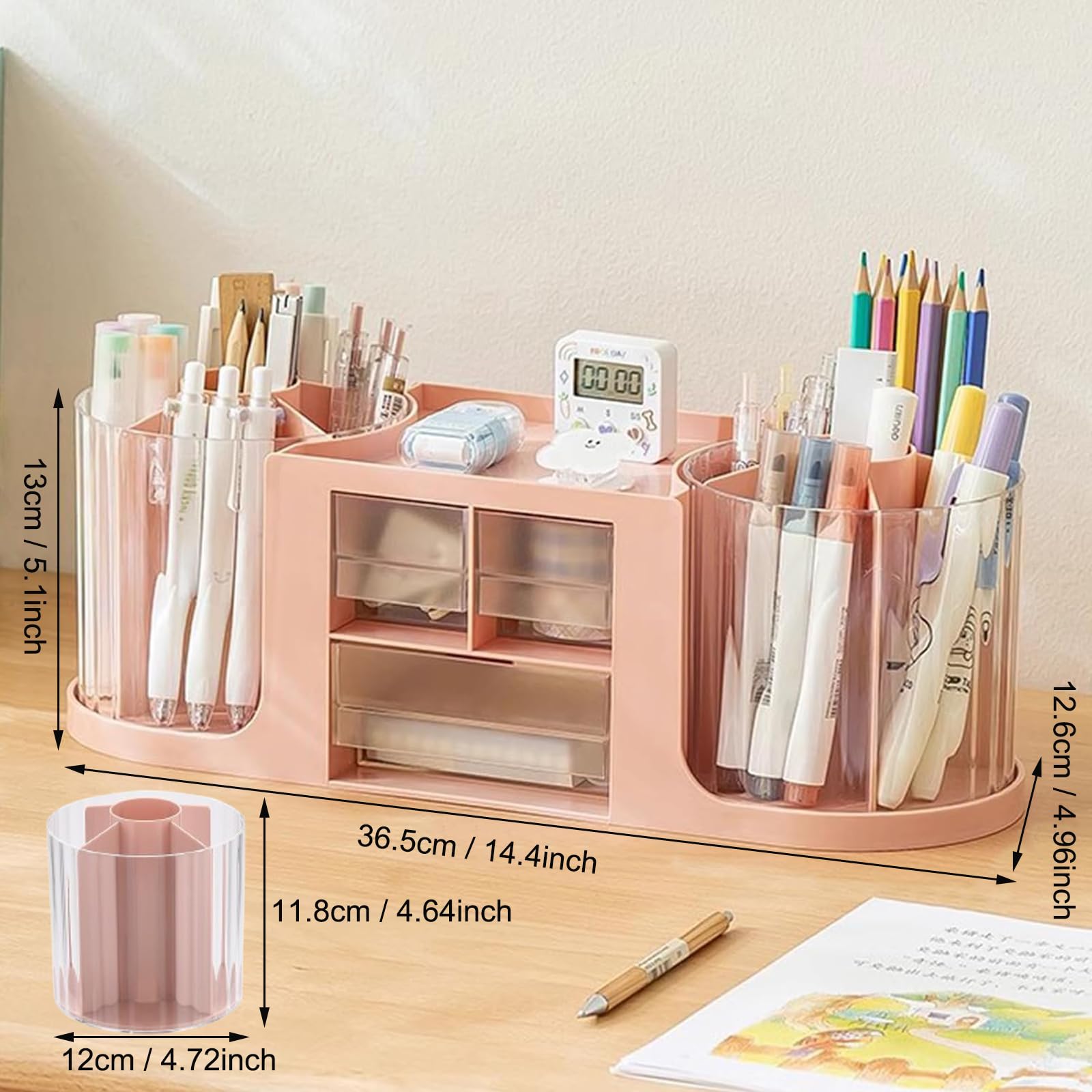 Organiseur de Bureau Rotatif à 360 Pot à Crayon Rotatif 14 Compartiments Porte Stylos de Bureau Faire Tourner Pot Crayon Rangement Stylo Pour Papeterie Maquillage L'artisanat (Rose)