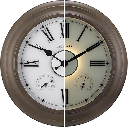 CLXEAST Relojes iluminados para exteriores impermeables de 24 pulgadas con sensor inteligente, relojes de pared de metal grandes con temperatura y